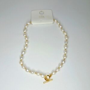 White Peal and Faux Gold Pearl Necklace Stainless Steel NWT